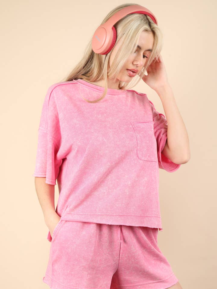 VERY J - Wholesale Activewear Set - Women's - NT12000SET-Mineral Washed Comfy Knit Top & Shorts Set