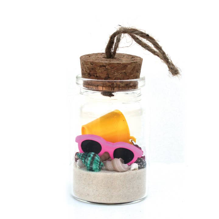 Beach Bottle Ornament - Sunglasses & Bucket with White Sand for wholesale by California Seashell Company