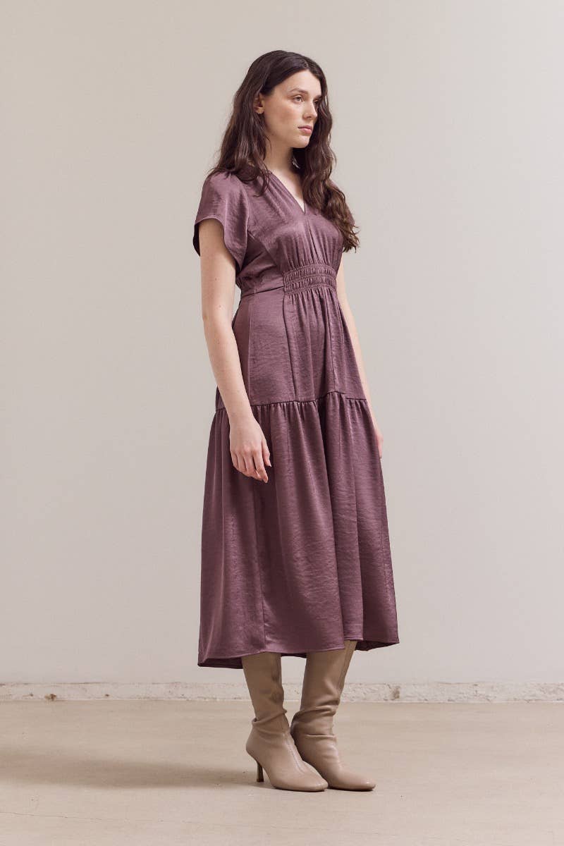 Grade & Gather – Vestido - Mulher por atacado – 60189MT - VESTIDO MIDI DE CETIM MATTE COM FOLHOS2