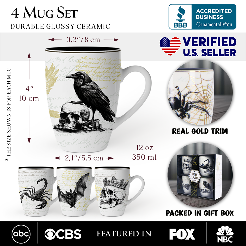 OrnamentallyYou - Wholesale Drinking Glass/Cup - Elegant Goth Set of 4 Ceramic Mugs with Real Gold Trim1