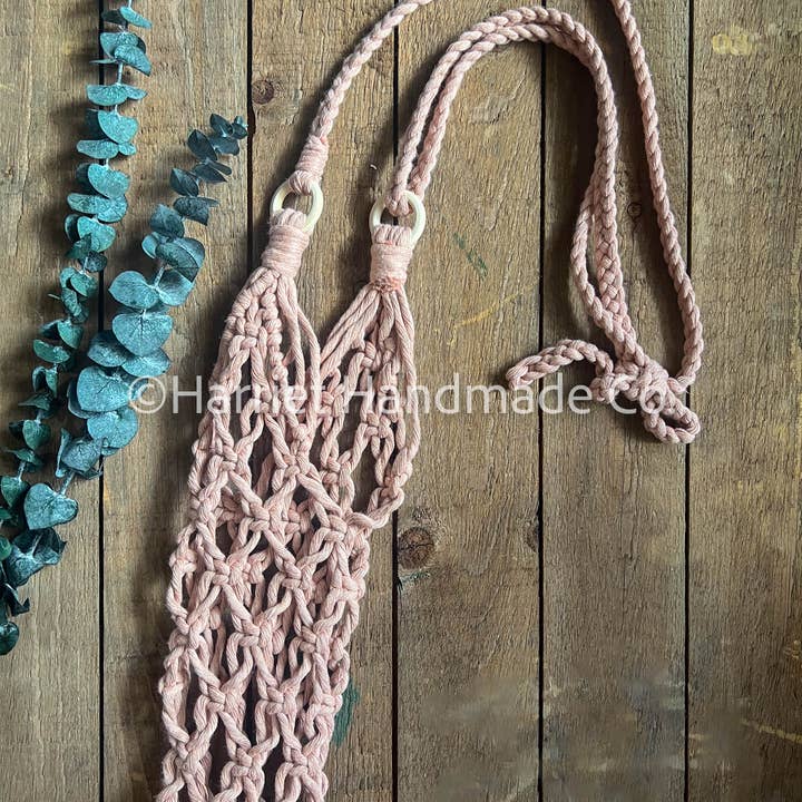 30+ Colors, Adjustable Strap Macrame Water Bottle Holder for wholesale by Harriet Handmade Co.