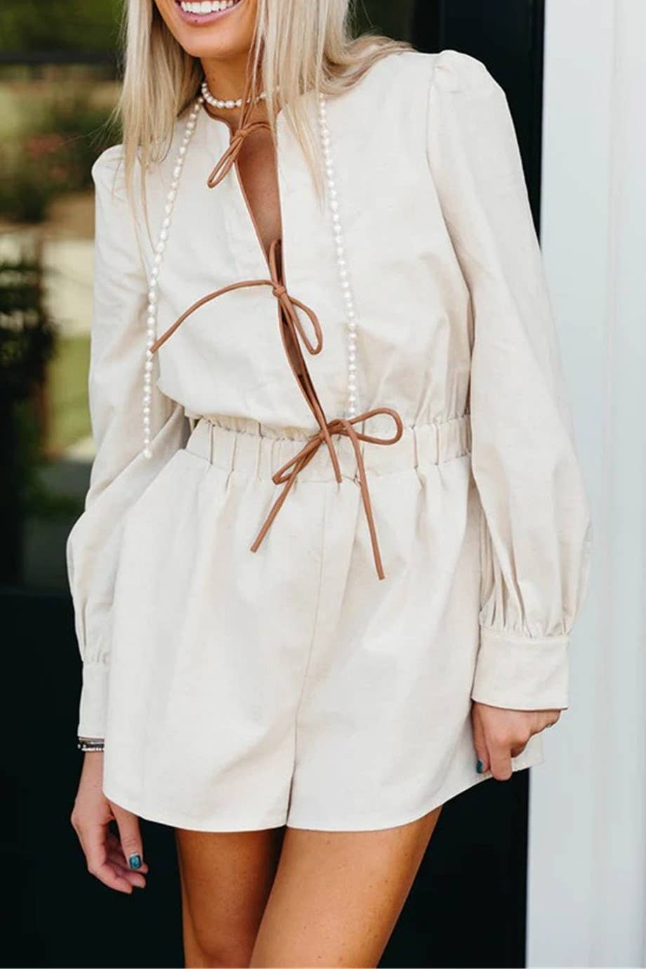 Rosa Clothing - Wholesale Romper - Women's - contrast bow tie front closure long sleeve romper14