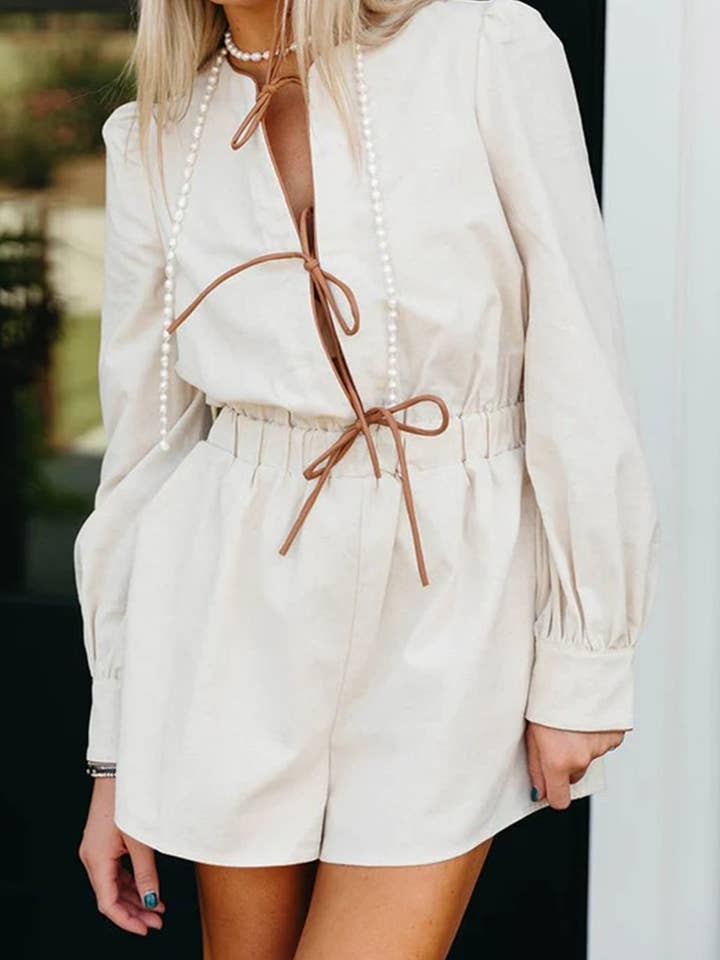 Rosa Clothing - Wholesale Romper - Women's - contrast bow tie front closure long sleeve romper14