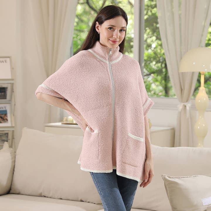 Fashion City - Wholesale Outerwear Poncho - Women's - Solid Zipper Jacket with Outlined Edges40