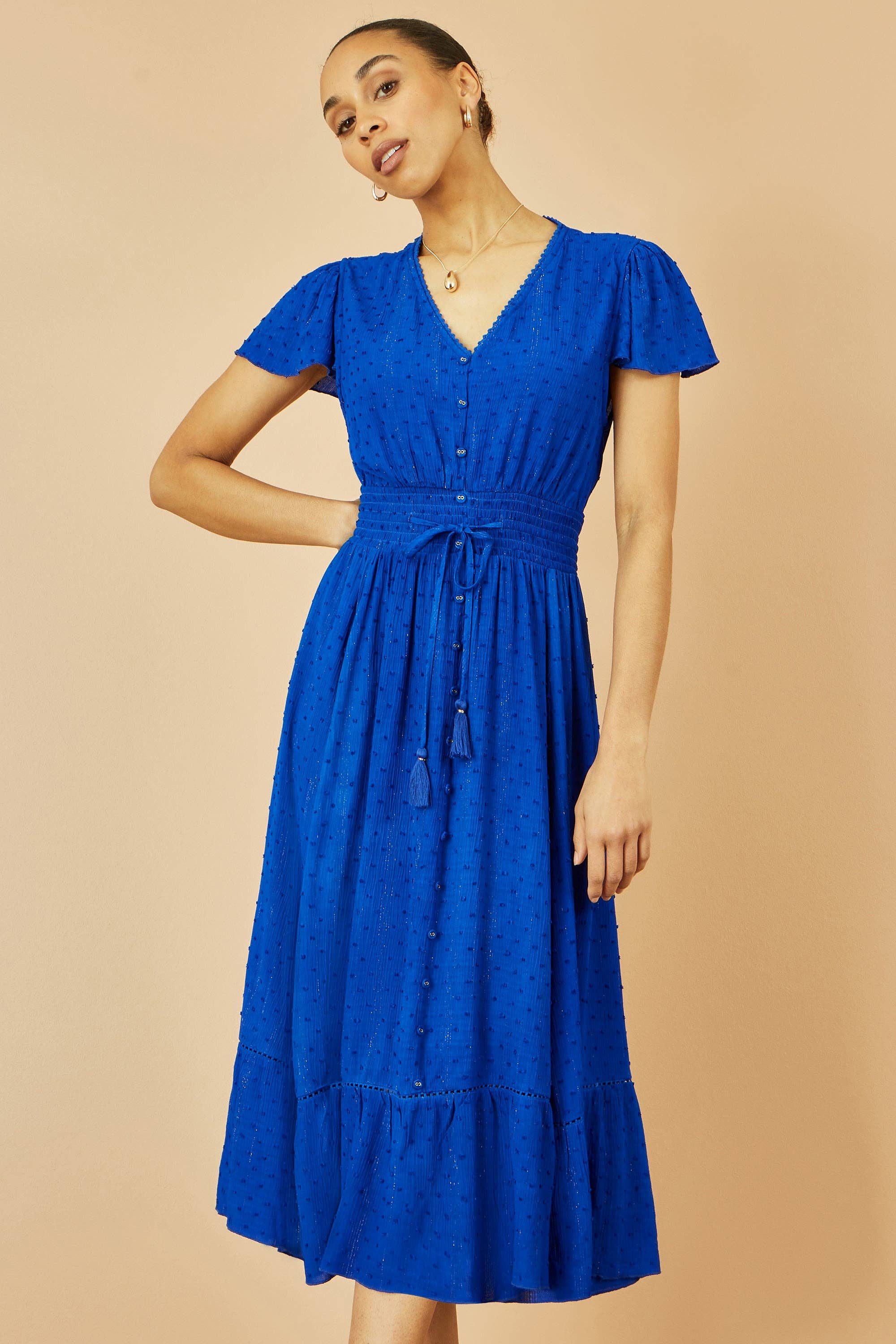 Yumi Blue Button Detail Midi Dress With Ruched Waist And Metallic Thread for wholesale on Faire5