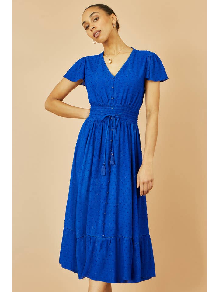 Yumi Blue Button Detail Midi Dress With Ruched Waist And Metallic Thread for wholesale on Faire5
