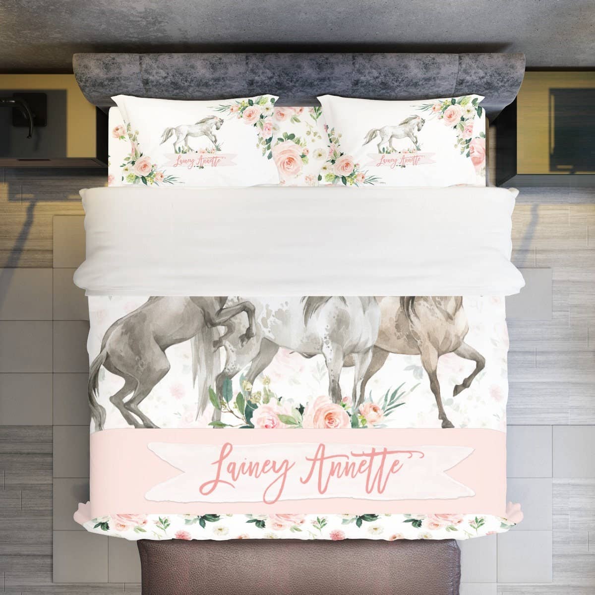 Empowering Decor - Wholesale Bedding Set - Kids & Baby - Blush Florals with Horses Personalized Duvet Cover Set for Girl1