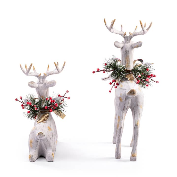 DEMDACO - Wholesale Decorative Figurine - Large Wood Reindeer with Holly Figures - Set of 2