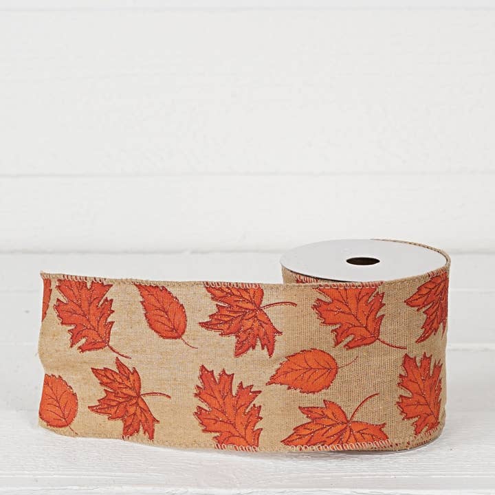 R32951-Wired Ribbon-Burlap with Fall Leaves (4inW) for wholesale by Impressive Enterprises, Inc.