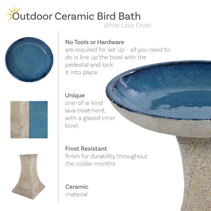 Sunnydaze Decor - Wholesale Bird Bath - Nantes Lava Finish Bird Bath - White Ceramic - 16" H