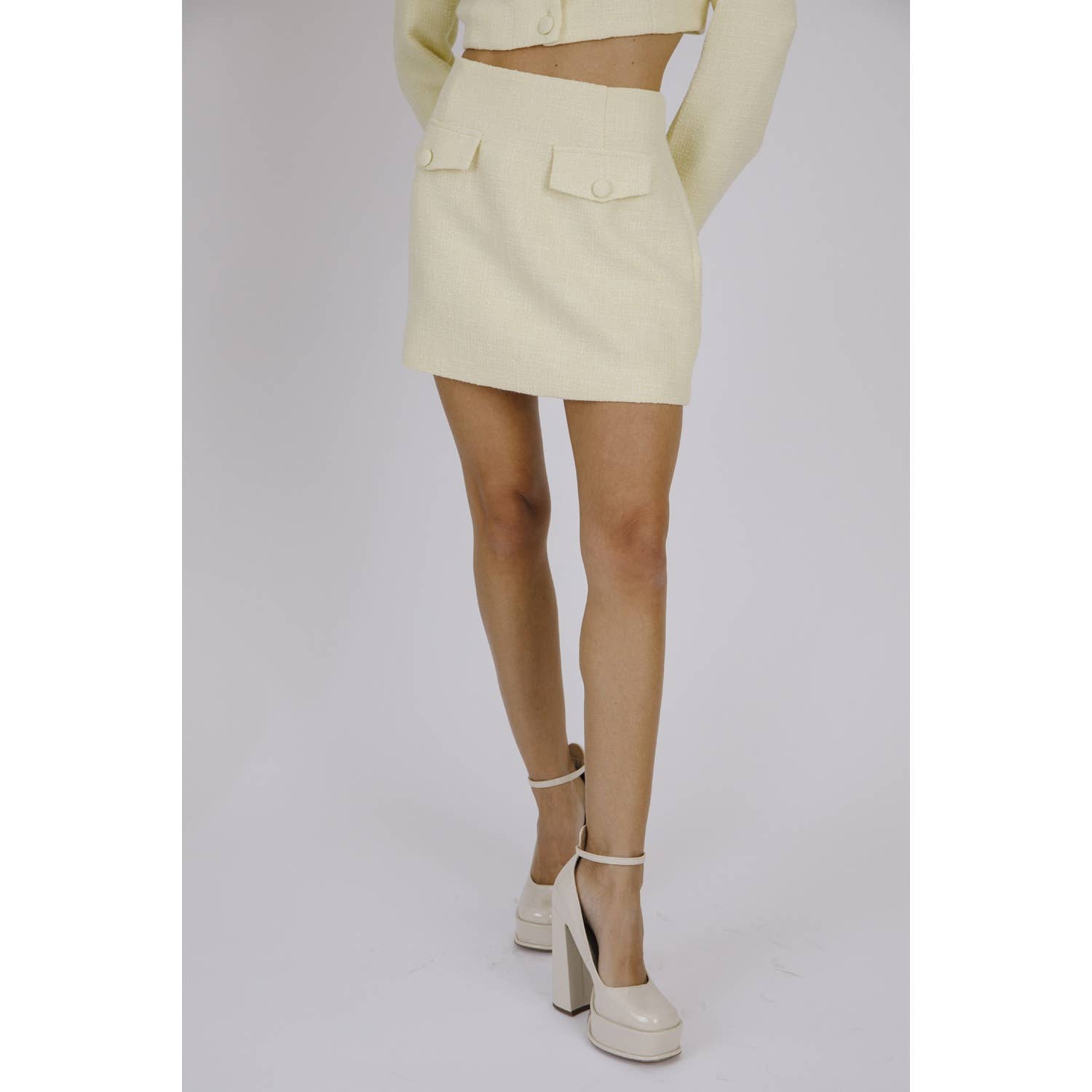 JAUNE LS2412- MINI-JUPE PASTEL MONOCHROME EN TWEED en vente sur Faire6