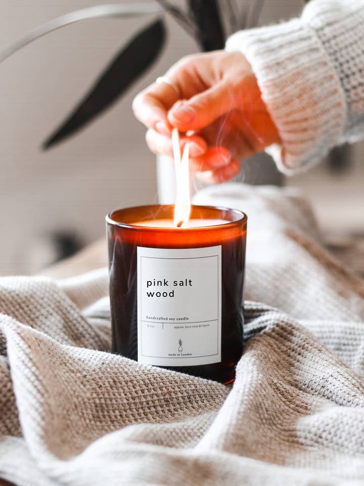 Pink Salt & Wood Large Soy Candle for wholesale by Den Perfect