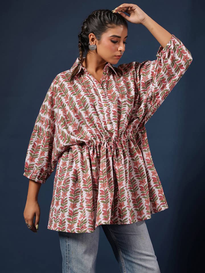 White & Grey Handblock Printed Shirt Style Kaftan Top for wholesale by Jaipur Morni USA