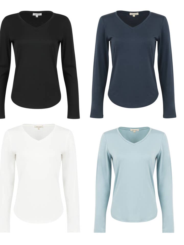 Heather Blue V-Neck Long-Sleeve Tee - Set of Four for wholesale by Urban Diction