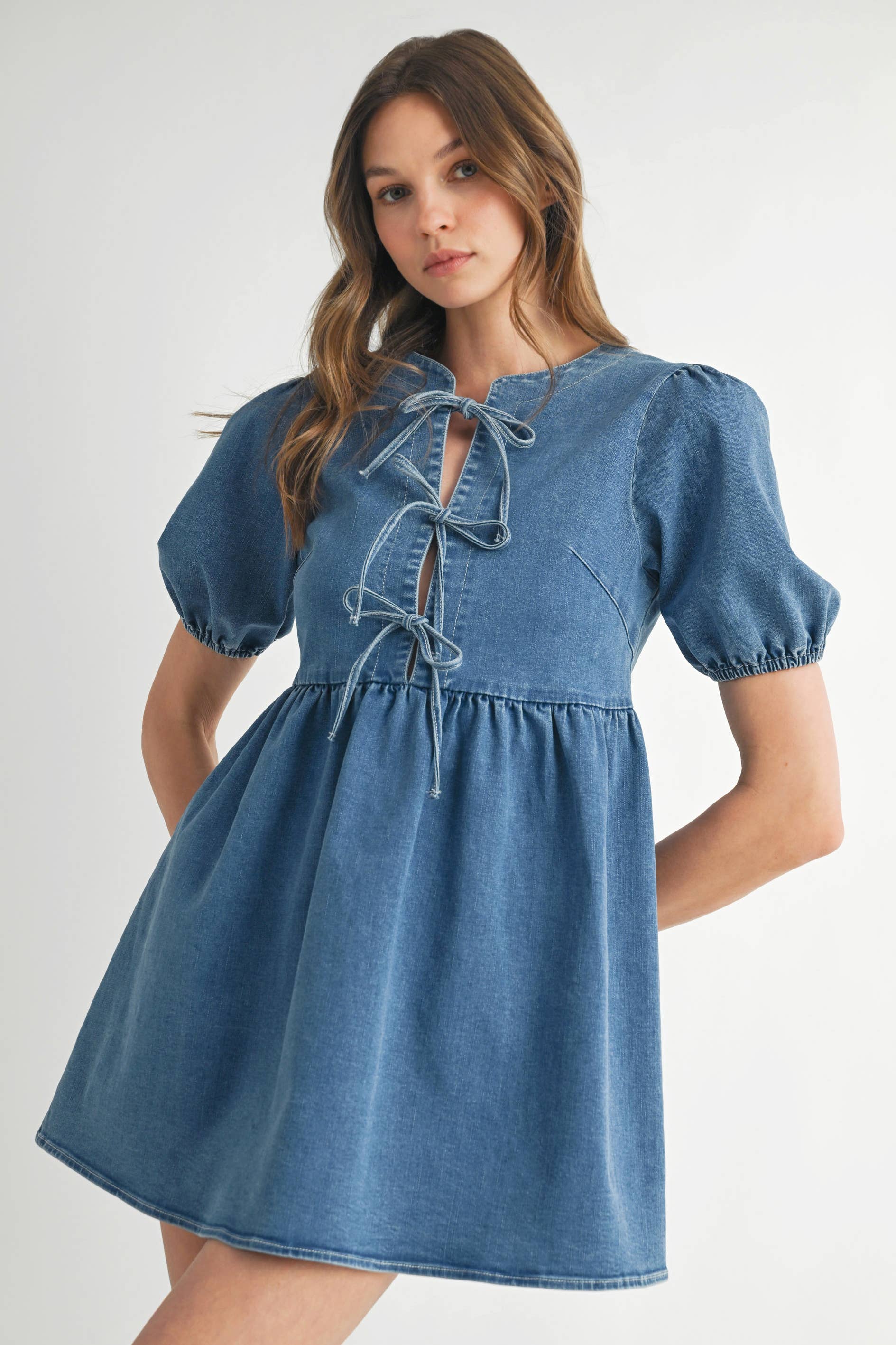 STONE WASH BLUE AD1727 Bow Detail Denim Mini Dress for wholesale on Faire