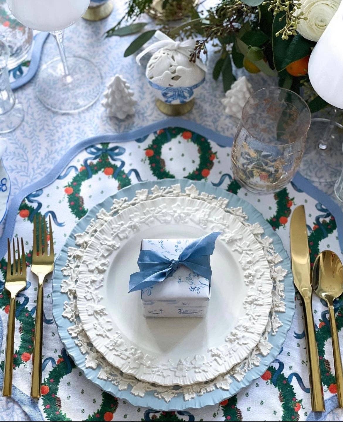 Frances Fields Home, formerly Fenwick Fields - Wholesale Placemat - Round Scalloped Placemat | Holiday Wreath - Cornflower Blue (4-pack)3