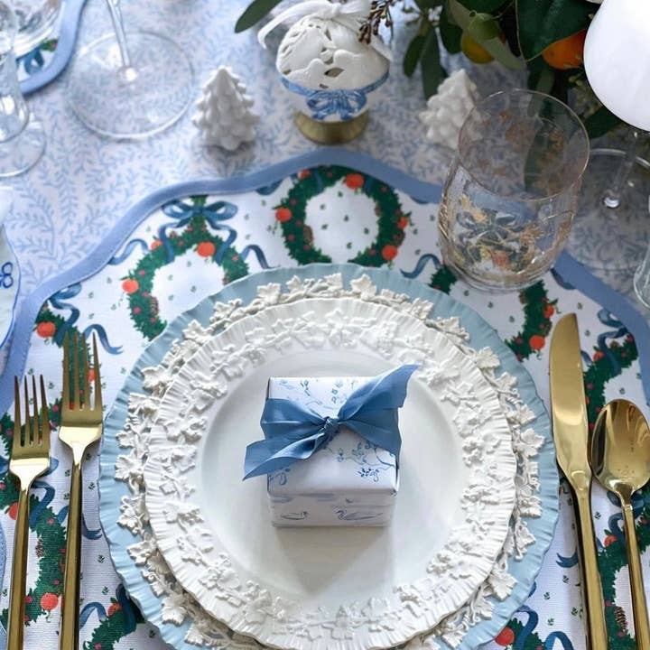 Frances Fields Home, formerly Fenwick Fields - Wholesale Placemat - Round Scalloped Placemat | Holiday Wreath - Cornflower Blue (4-pack)3