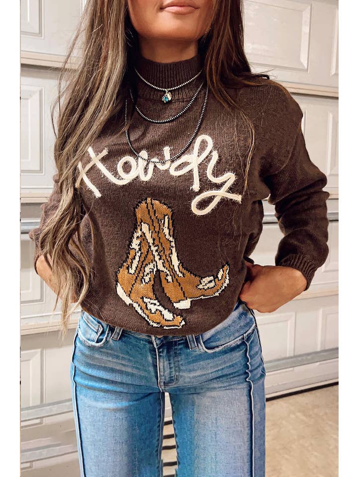 Coffee Howdy Boot Mock Neck Sweater for wholesale on Faire