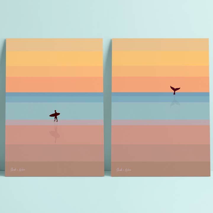 Smile & Wave - Venta al por mayor Ilustración - Set de dos láminas artísticas de puesta de sol y surf1