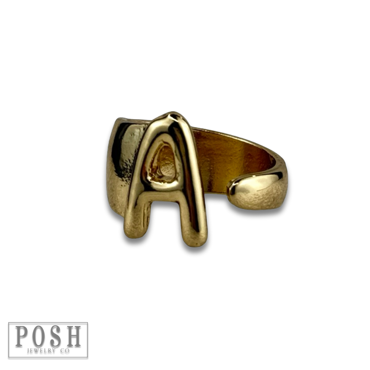 Gold Bubble letter monogram initial ring for wholesale on Faire0