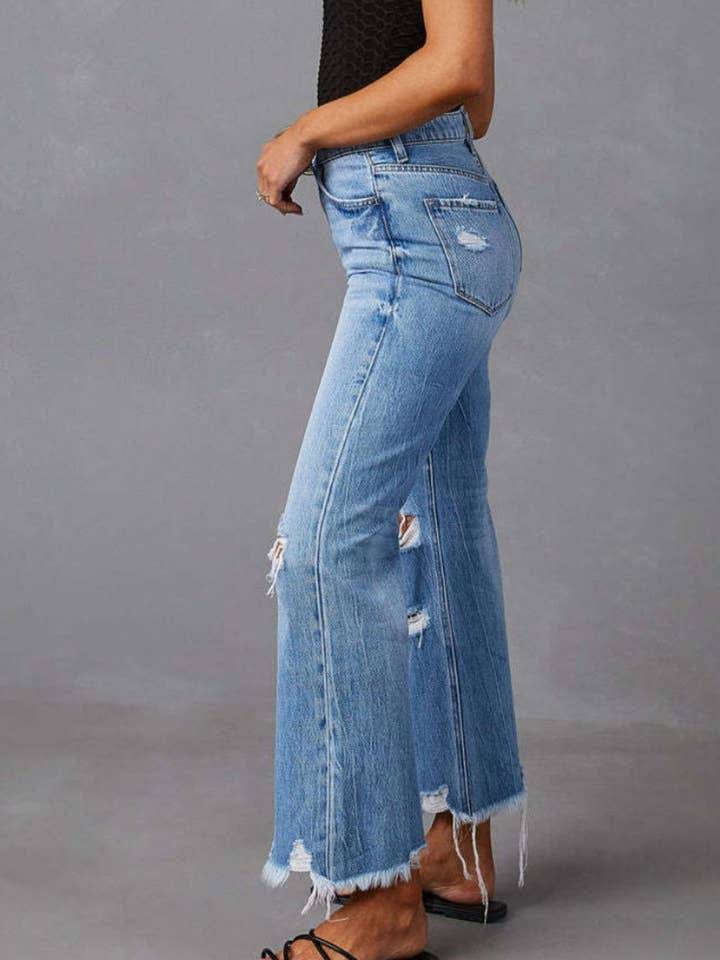 Misty Blue Distressed Raw Hem Jeans with Pockets for wholesale on Faire