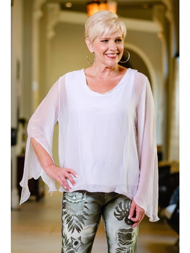 TINA Stephens Italy/Tees By Tina - Wholesale Blouse - Women's - Tiffany Silk Butterfly Bottom Open Wrist (BLS218)1