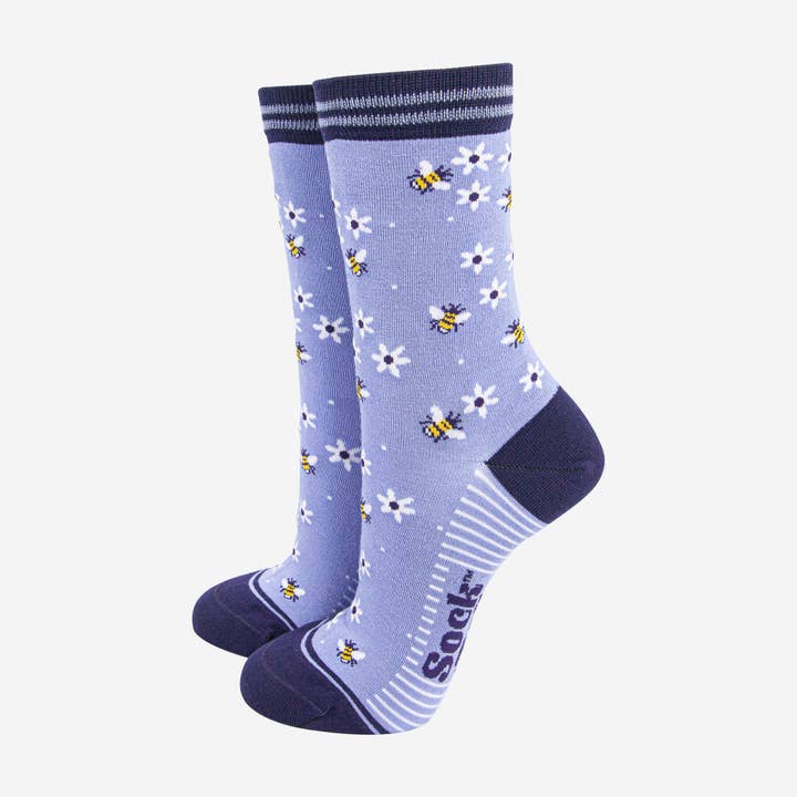 Dames Bamboe Sokken - Lichtblauw/Donkerblauw, Bij en Bloemen voor wholesale door Sock Talk