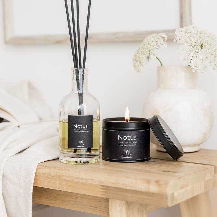 Purbeck Candles - Wholesale Travel Candles - Elements Range - Notus Essential Oil Candle 200g black Tin1