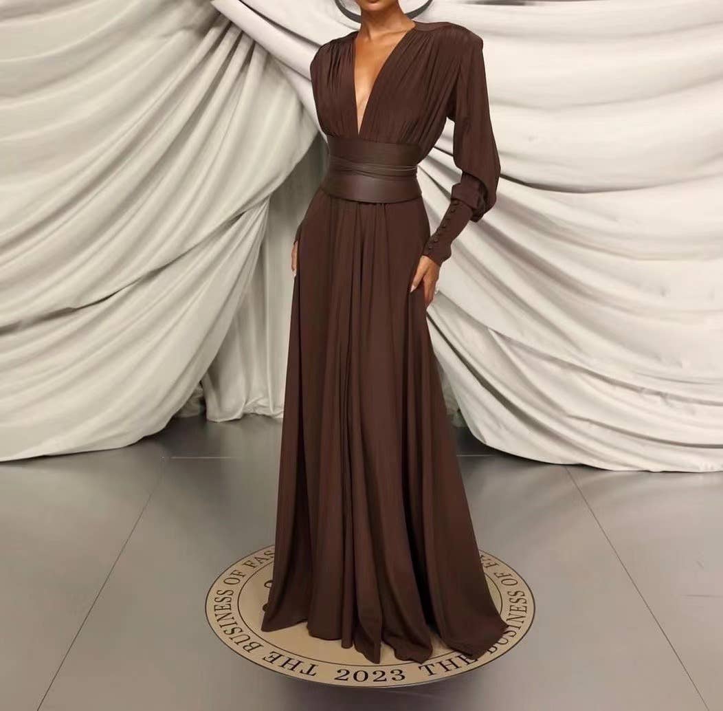 DR316 Elegant Chocolate Gathered Waist Maxi Dress for wholesale on Faire0