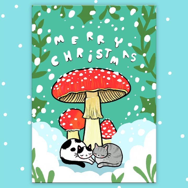Snowy Mushroom Christmas Postcard for wholesale by PONY PEOPLE