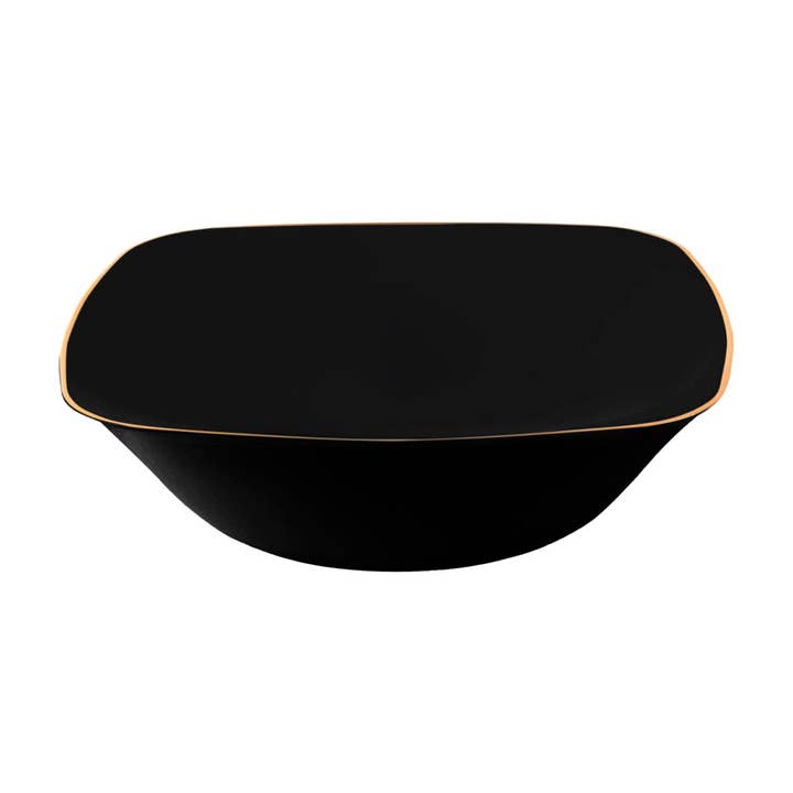 EcoQuality – wholesale Salad plate – 16oz Disposable Plastic Black Square Salad Bowl with Gold Rim Organic Collection