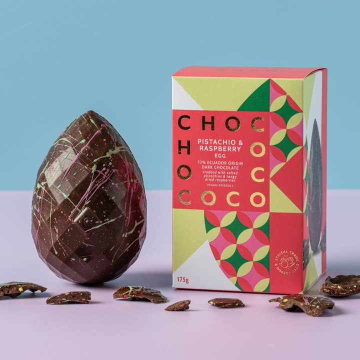 72% Dark Chocolate Pistachio and Raspberry Egg -New for 2026 for wholesale by Chococo