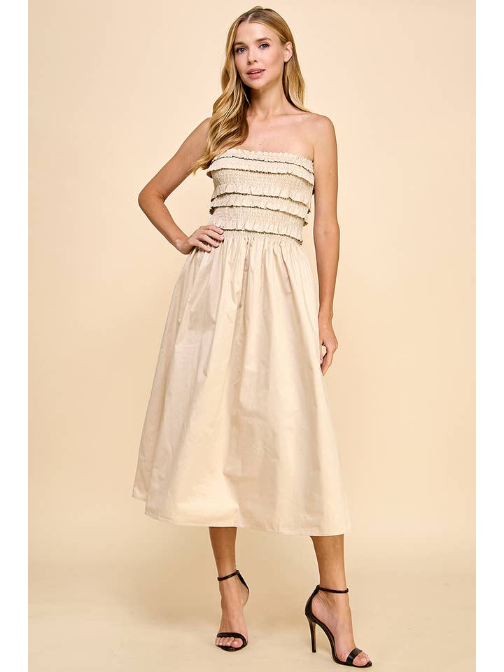 Beige CD04932-Smocked With Ruffles Strapless Dress for wholesale on Faire1