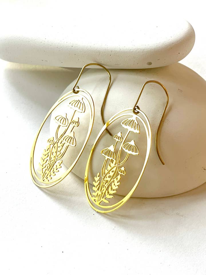 Delicate Brass Mushroom Vignette Earrings for wholesale by Indie South