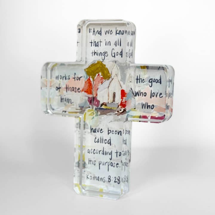 Romans 8:28 Acrylic Cross for wholesale by Lauren Dunn