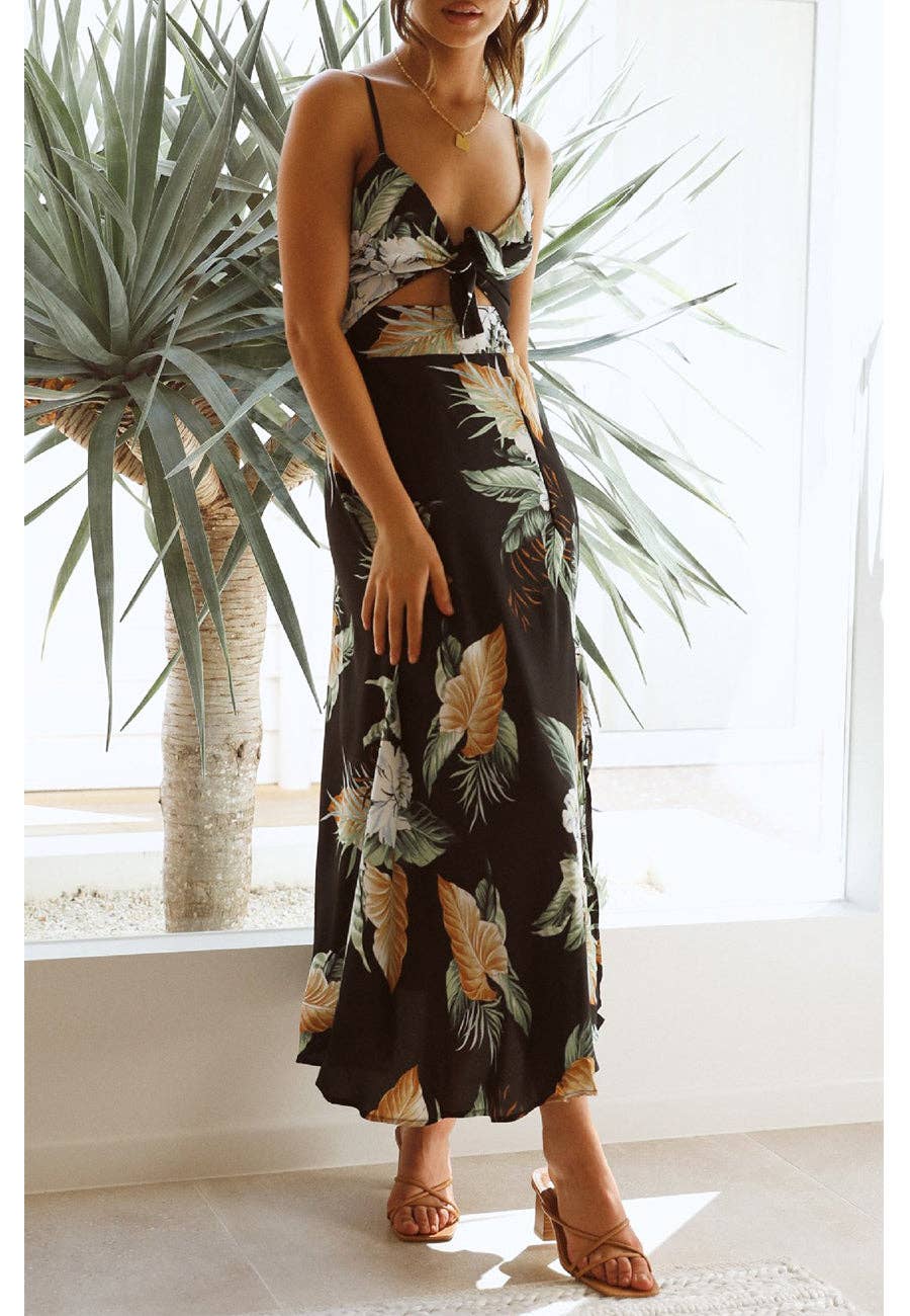 Black Tropical Print Cutout Dress for wholesale on Faire2