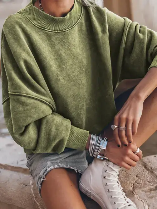 Lovesoft - Wholesale Sweatshirt - Women's - Green Drop Shoulder Crew Neck Pullover Sweatshirt1