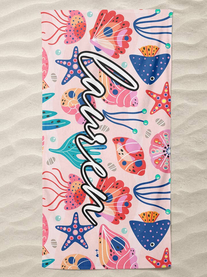 Sea Shells Custom Beach Towel (BTOWEL1013) for wholesale by Hustle+Heart