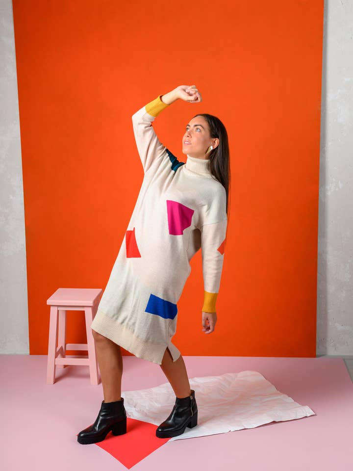 Long merino wool sweater in colorful shapes | Matisse for wholesale by Magical Crisálida