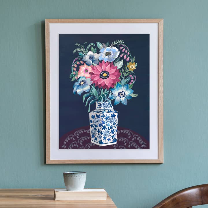 Chinoiserie Vase Art Print | Moonlit Vase | Floral Art for wholesale by Christine De Carvalho