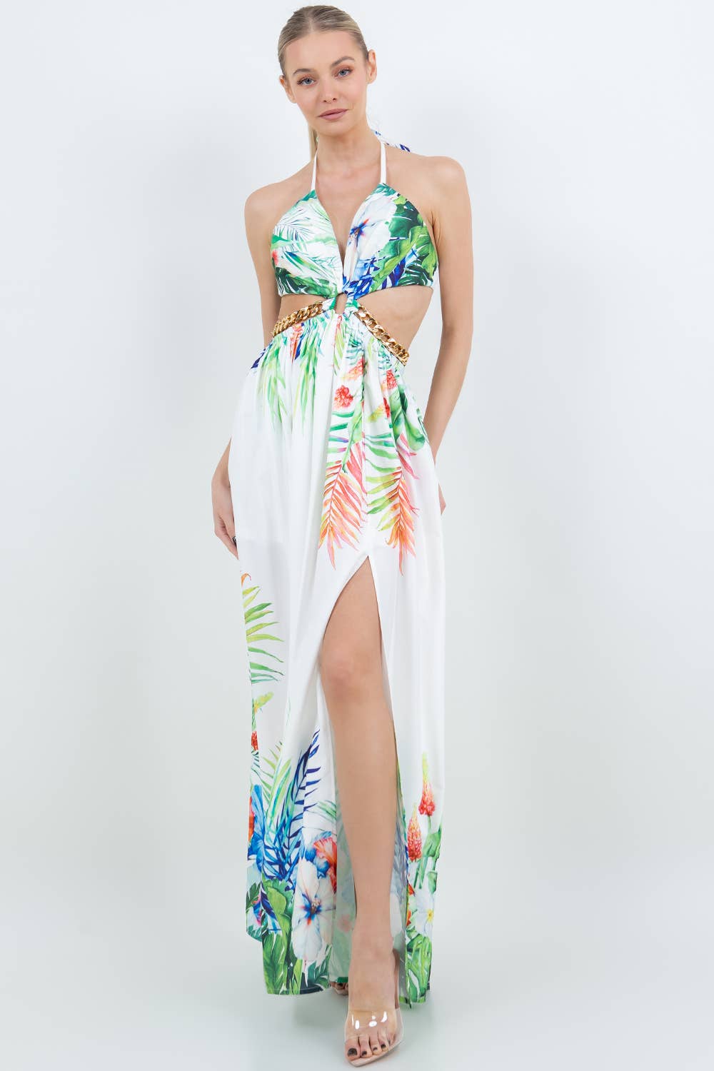 IVORY DM4190 TROPICAL FLORAL HALTER CUT OUT W CHAIN MAXI DRESS for wholesale on Faire1