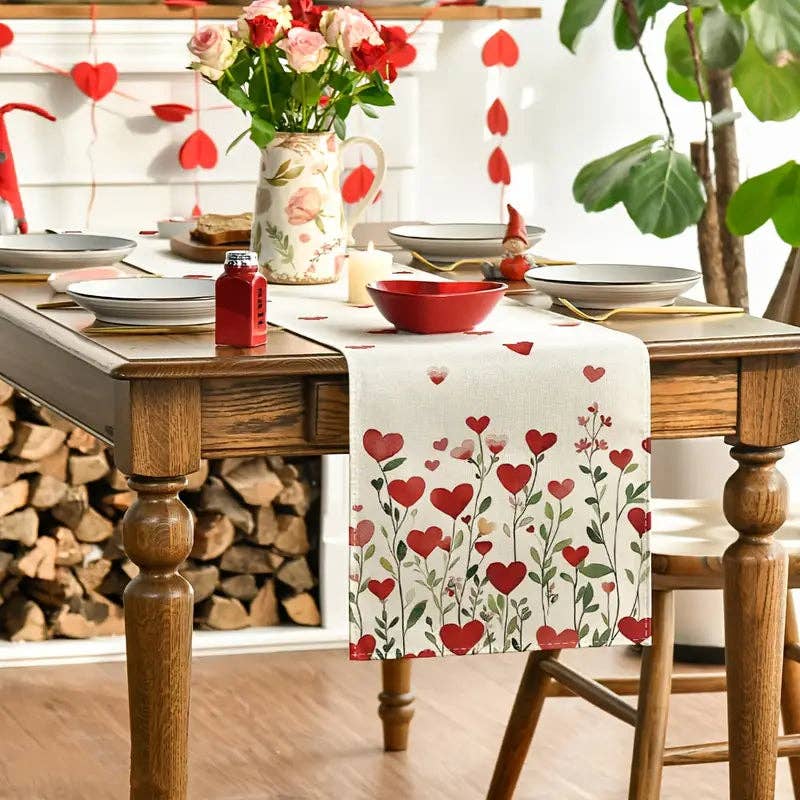 Huis Van Merken - Vendita all'ingrosso Runner - Caminetto da tavola di San Valentino in lino – Design con pianta a cuore rosso per eventi romantici1