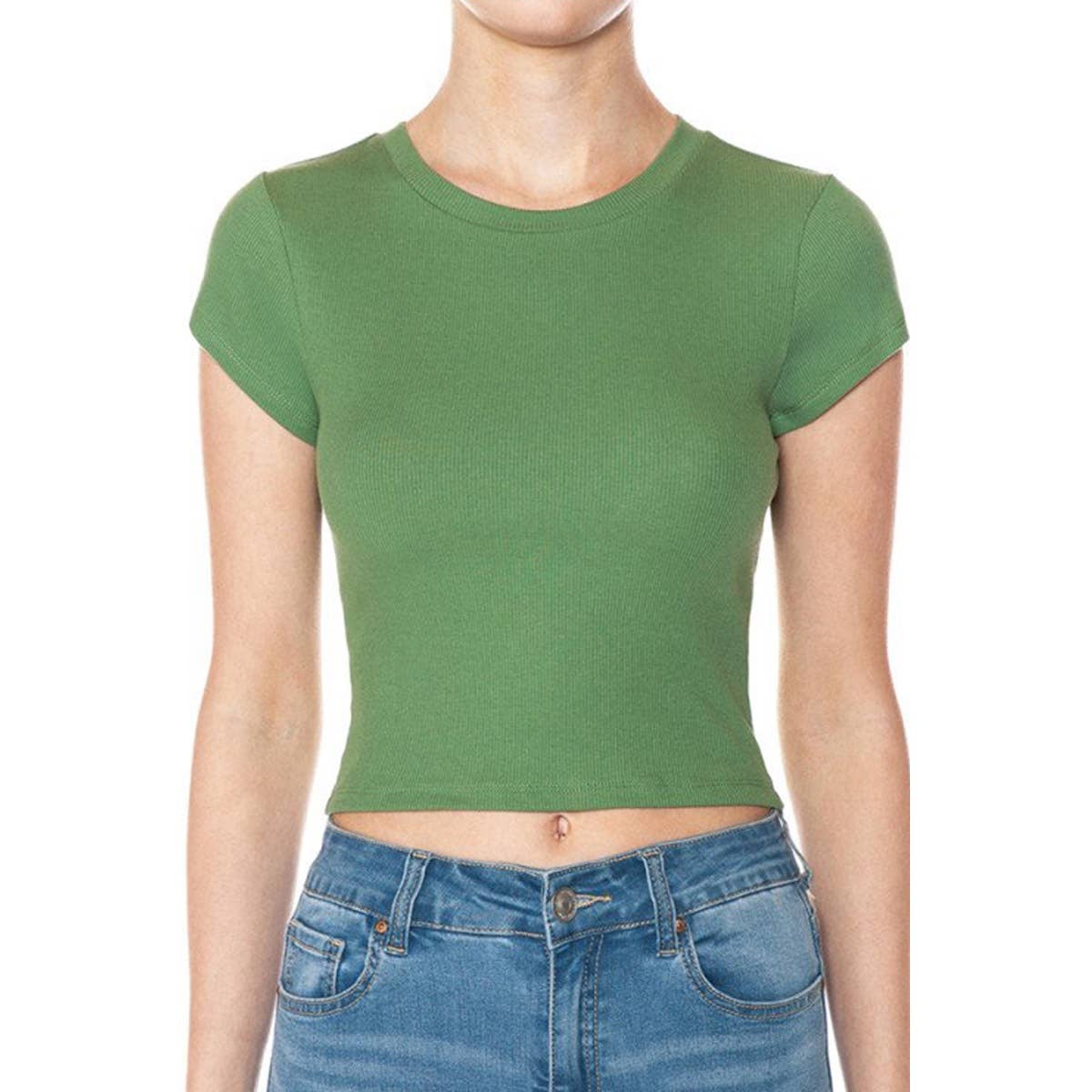 Timeless - Wholesale T-Shirt - Women's - RIBBED ROUND NECK SHORT SLEEVE CROPPED T SHIRT TOP5