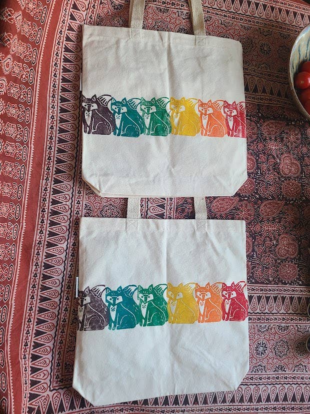 Rainbow Foxes Hand-printed Canvas Tote Bag for wholesale by FoxprintCards