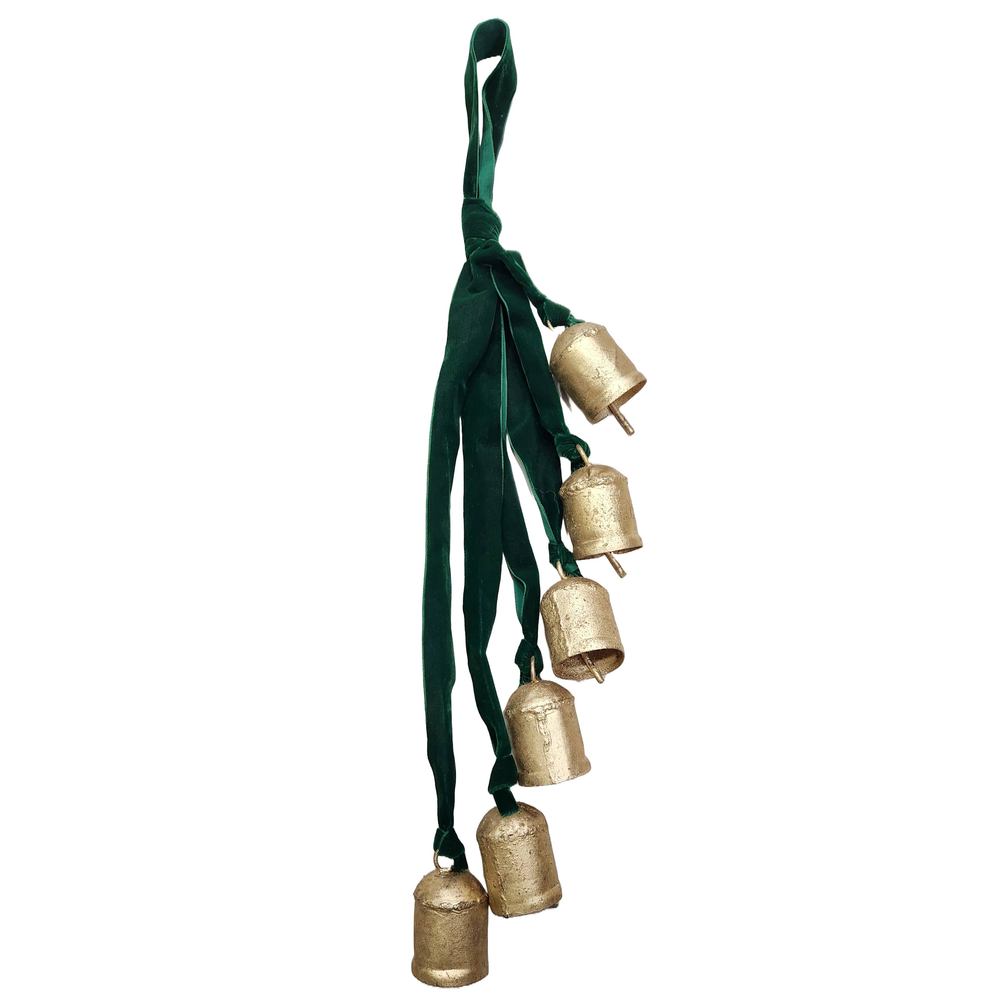 Vatican Homes - Wholesale Bell - Set of 5 metal bells tied with deep green velvet ribbon0