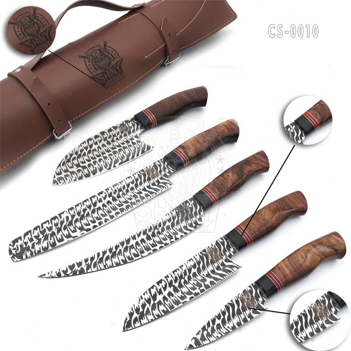 Conjunto de Faca de Cozinha Damasco artesanal com cabo em madeira e Lâmina de Aço Damasco, Conjunto Facas de Chef com Bolsa em Pele Roll e Lâmina Alta Temperada Navor-Sharp (CS-10) por atacado de SHINY CRAFTS