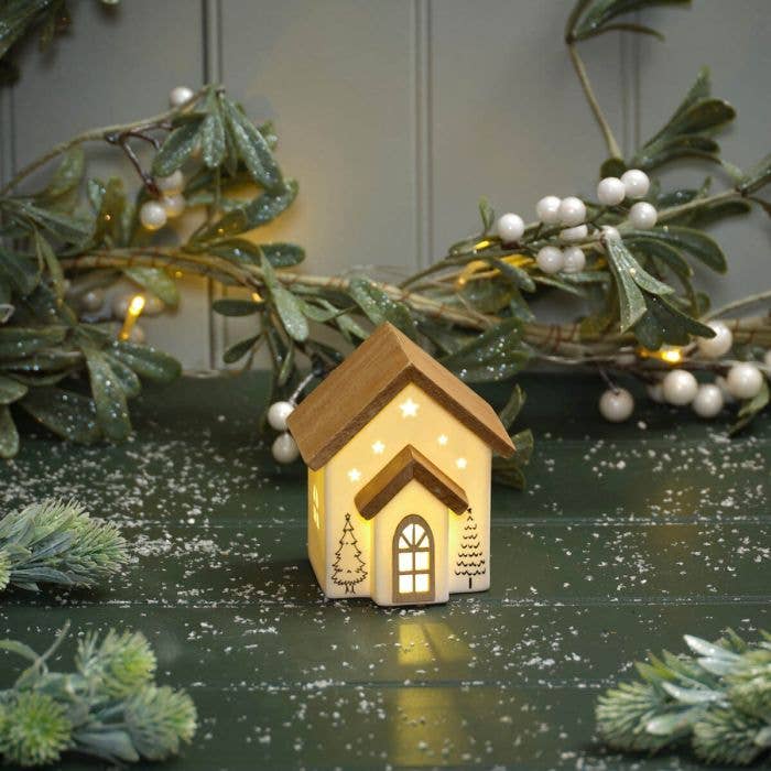 Langs - Wholesale Christmas Decoration - Love at Christmas Ceramic Led House With Cut Out Stars and Elements of Wood0