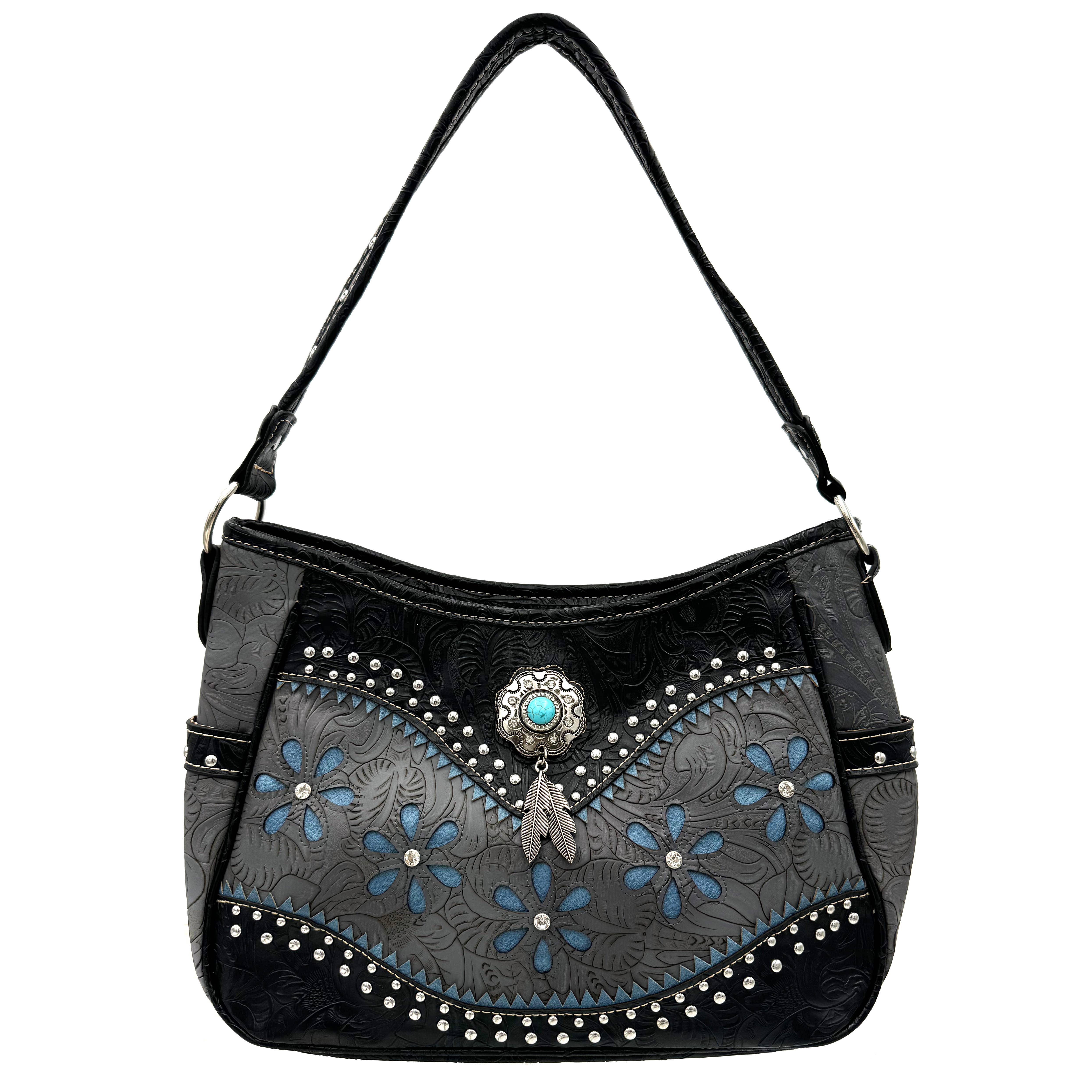 Lunar Deer – Bolsa de ombro – Mulher por atacado – Bolsa Bessie Turquesa com Concho e Pena Estilo Western Hobo5