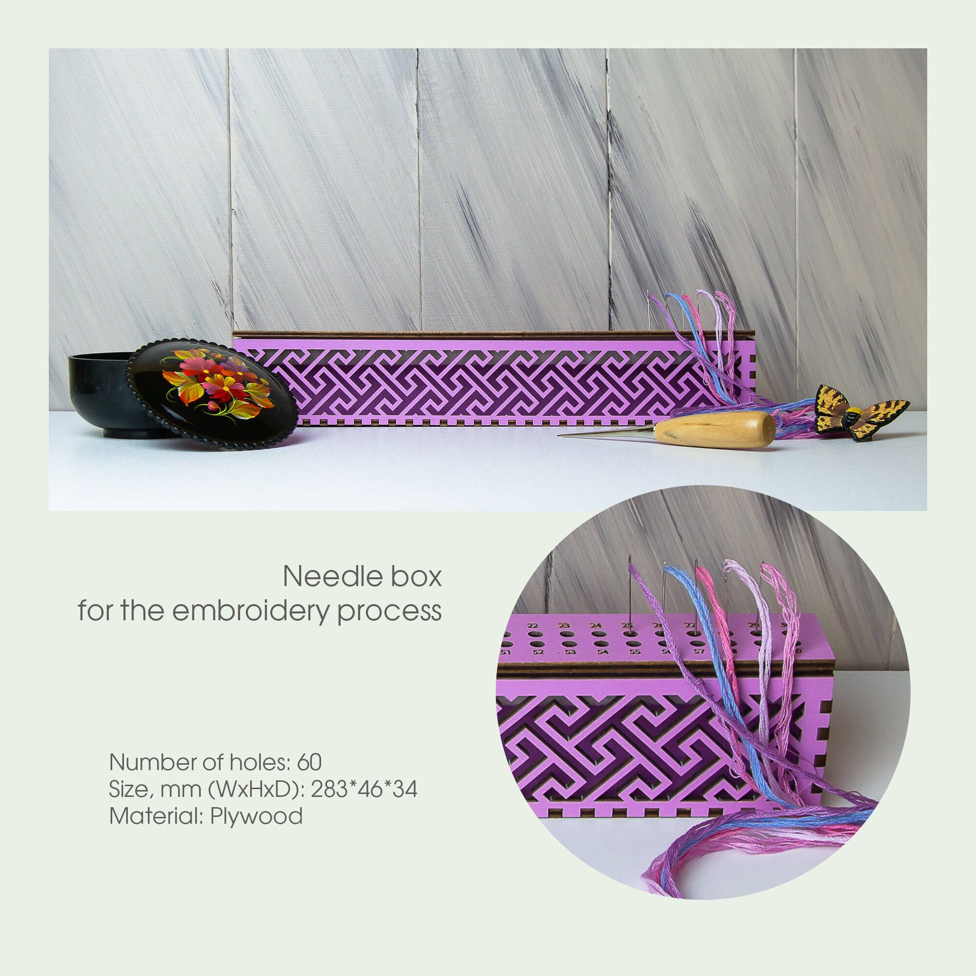 Embroidery craft - Wholesale Embroidery/Cross Stitch Supplies - Wooden Embroidery Needle Organizer Box – 60 Holes3