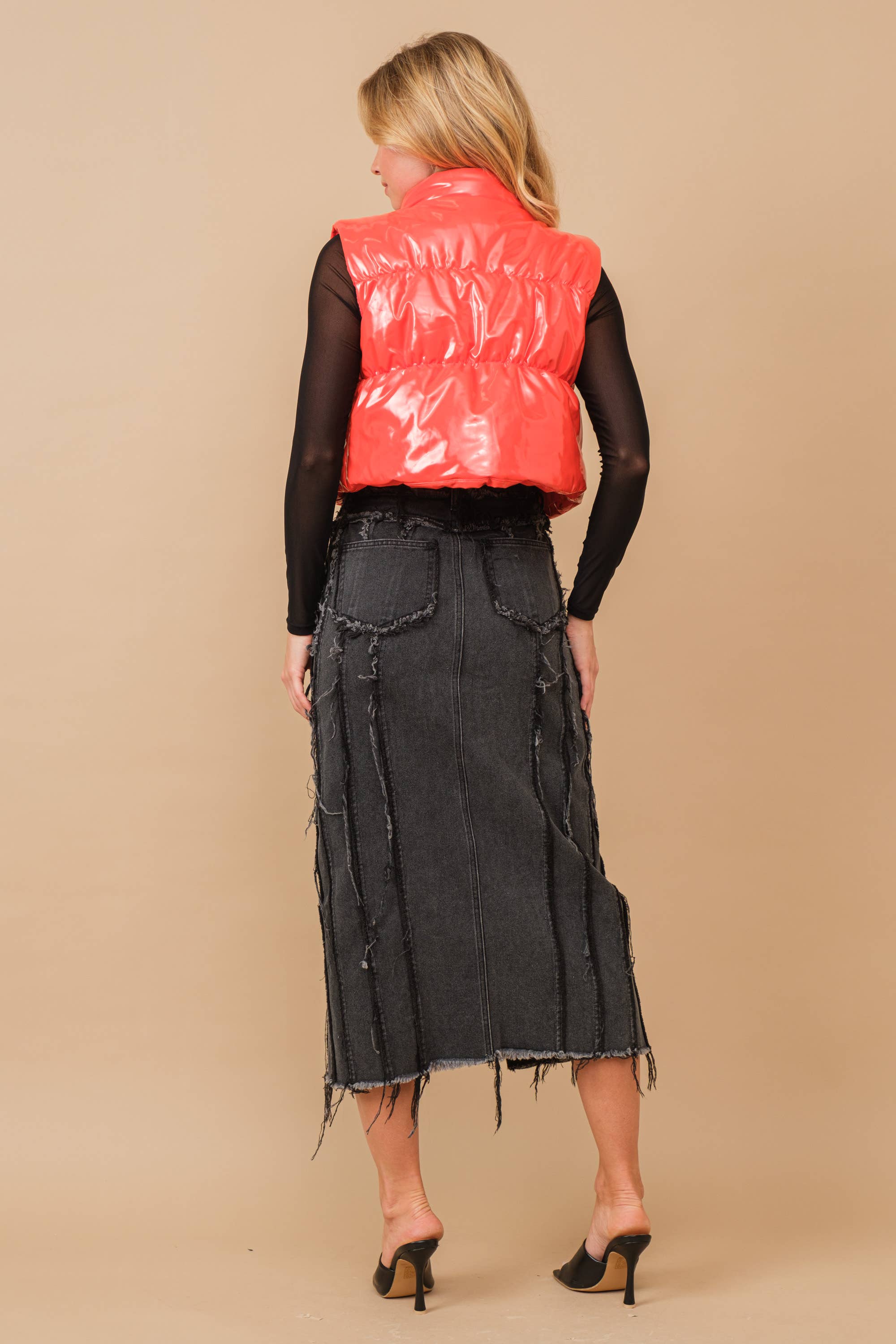 Blue B - Wholesale Outerwear Vest - Women's - 22656J - Gloss Shiny PU Quilted Puffer Zip Up Crop Vest53